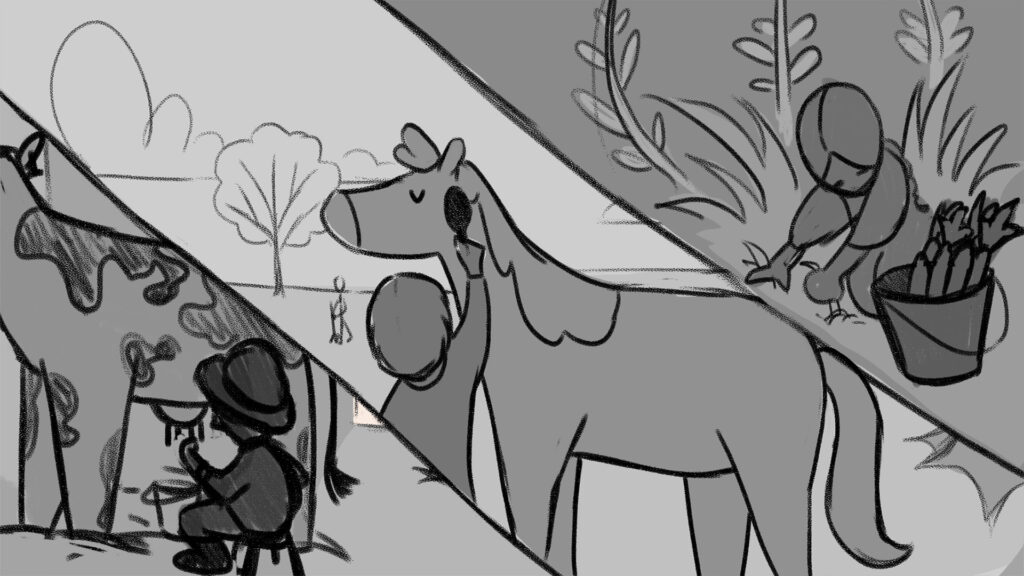 Grayscale storyboard showing a girl taking care of a cow on a farm.