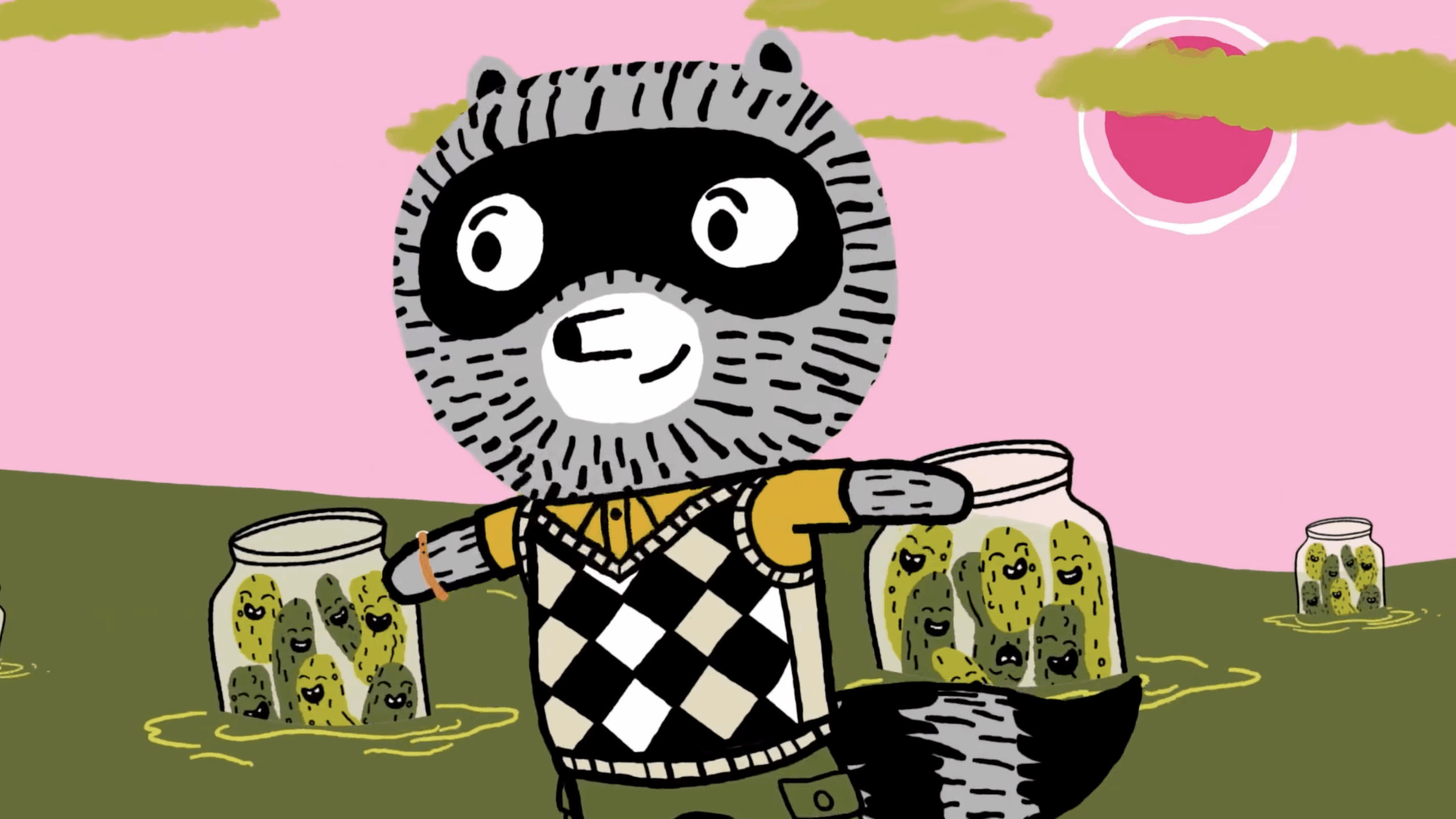 Cartoon raccoon character wearing a yellow shirt and argyle vest, holding jars of smiling pickles against a pink sky with green clouds and a sun.