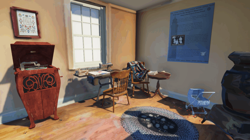 Historic keeper’s quarters with phonograph, wooden chairs, rug and other artifacts.