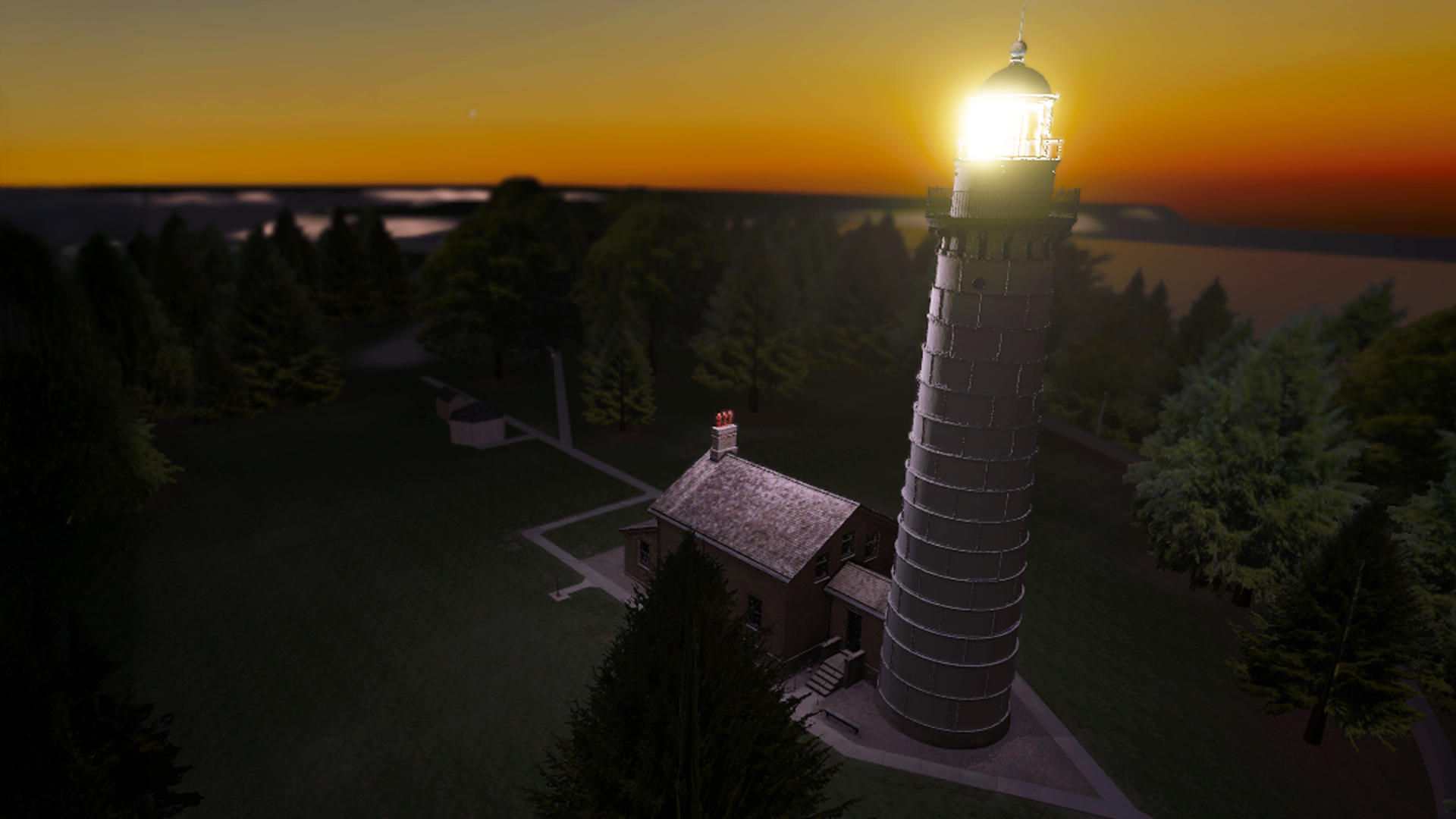 Lit lighthouse tower beside a keeper’s house at sunset surrounded by trees.