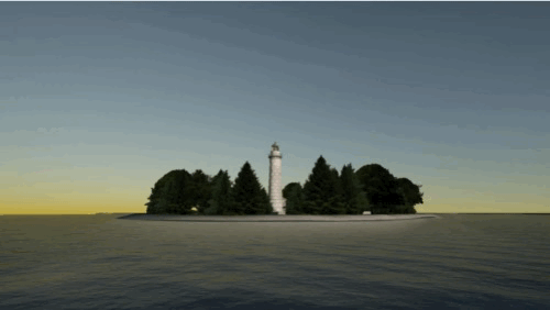 Small tree-covered island with a lighthouse at sunset, surrounded by calm water.