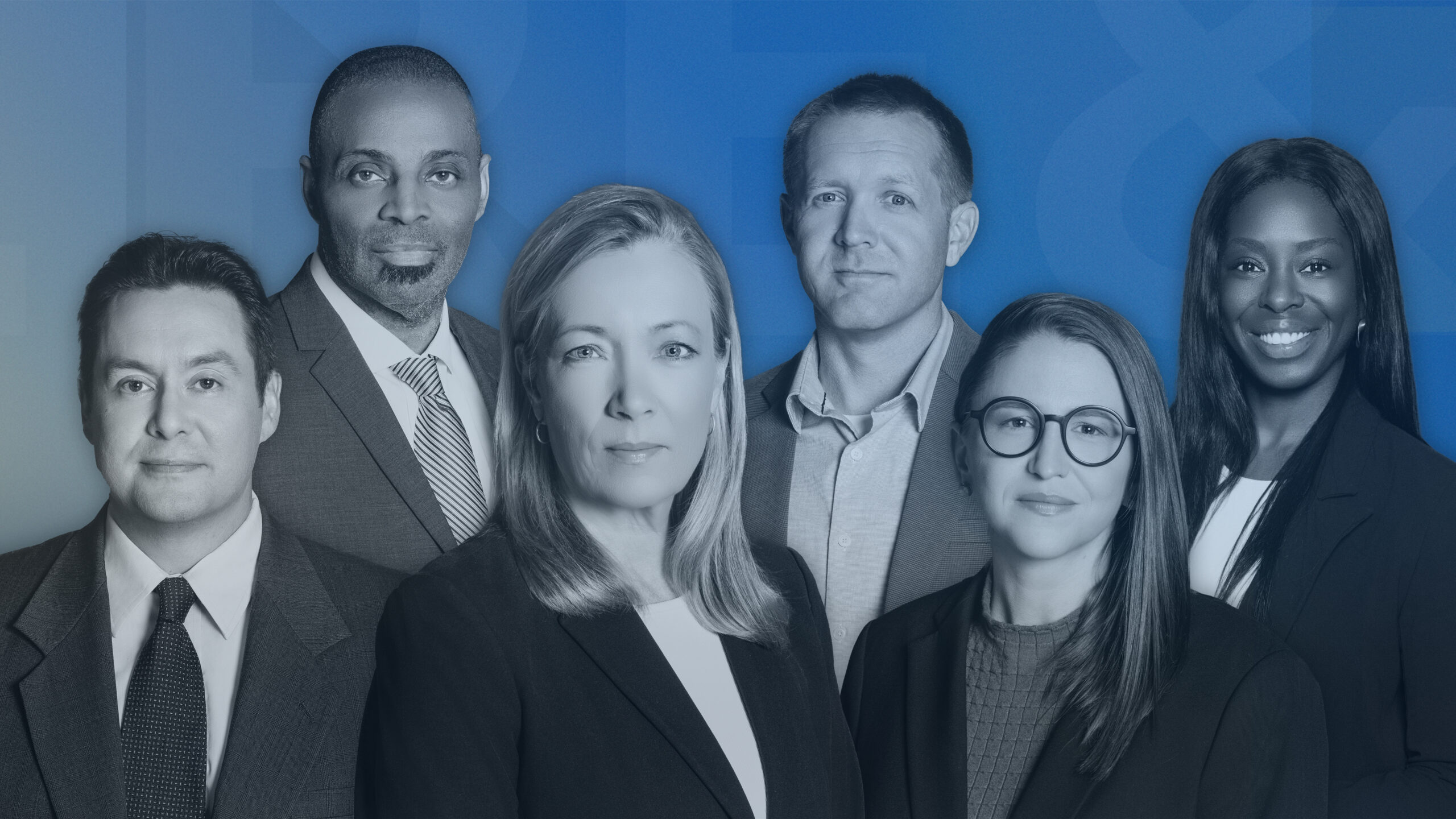 Here & Now Masthead - about Six professionally dressed individuals standing together against a blue gradient background.