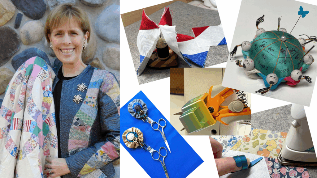 Smiling woman holds a vintage quilt while wearing a jacket made from quilt blocks, surrounded by photos of sewing tools, fabric, and quilting supplies.