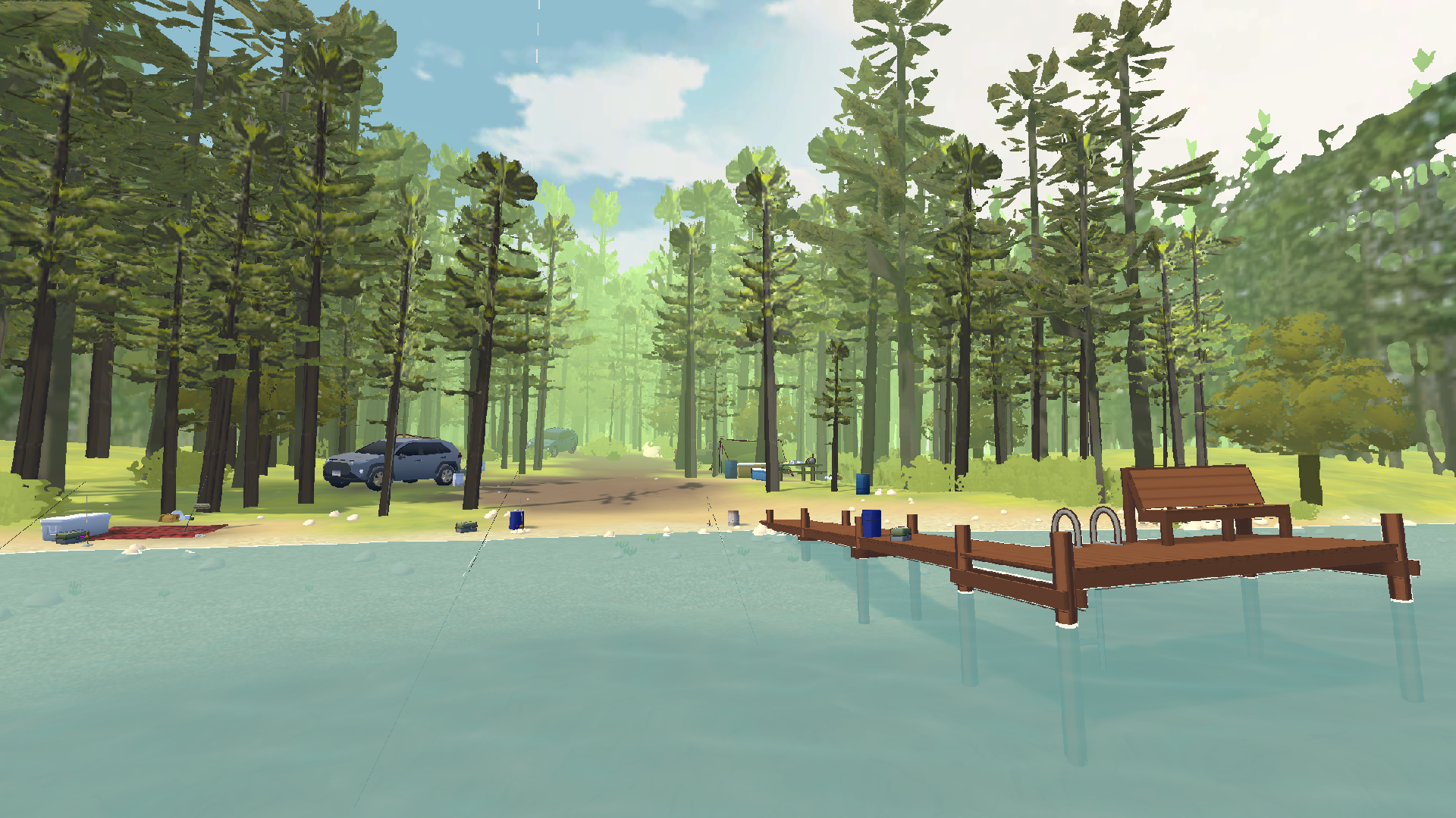 A scene from the Powwow Bound: A Menominee Homecoming video game showing a dock and a boat, highlighting a peaceful waterfront environment at the Menominee National Annual Contest Powwow in Keshena, Wisconsin.
