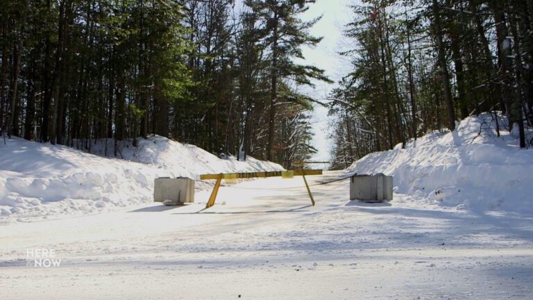Yellow barricade marked “TRIBAL ROADS” blocking a snow-covered forest road, flanked by concrete barriers.