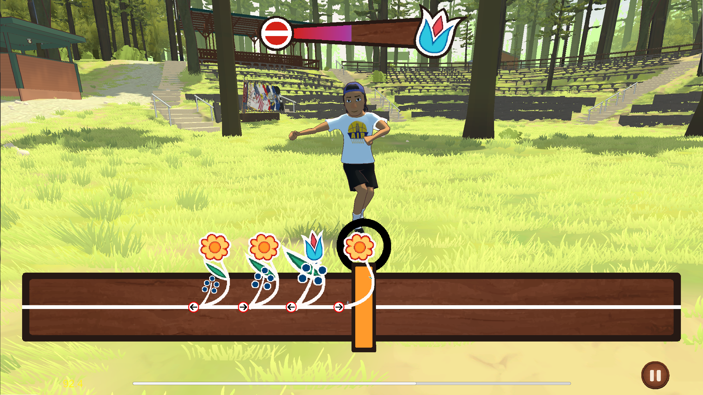 Video game scene showing a character dancing in a forest clearing with rhythm game prompts on-screen and an amphitheater in the background.
