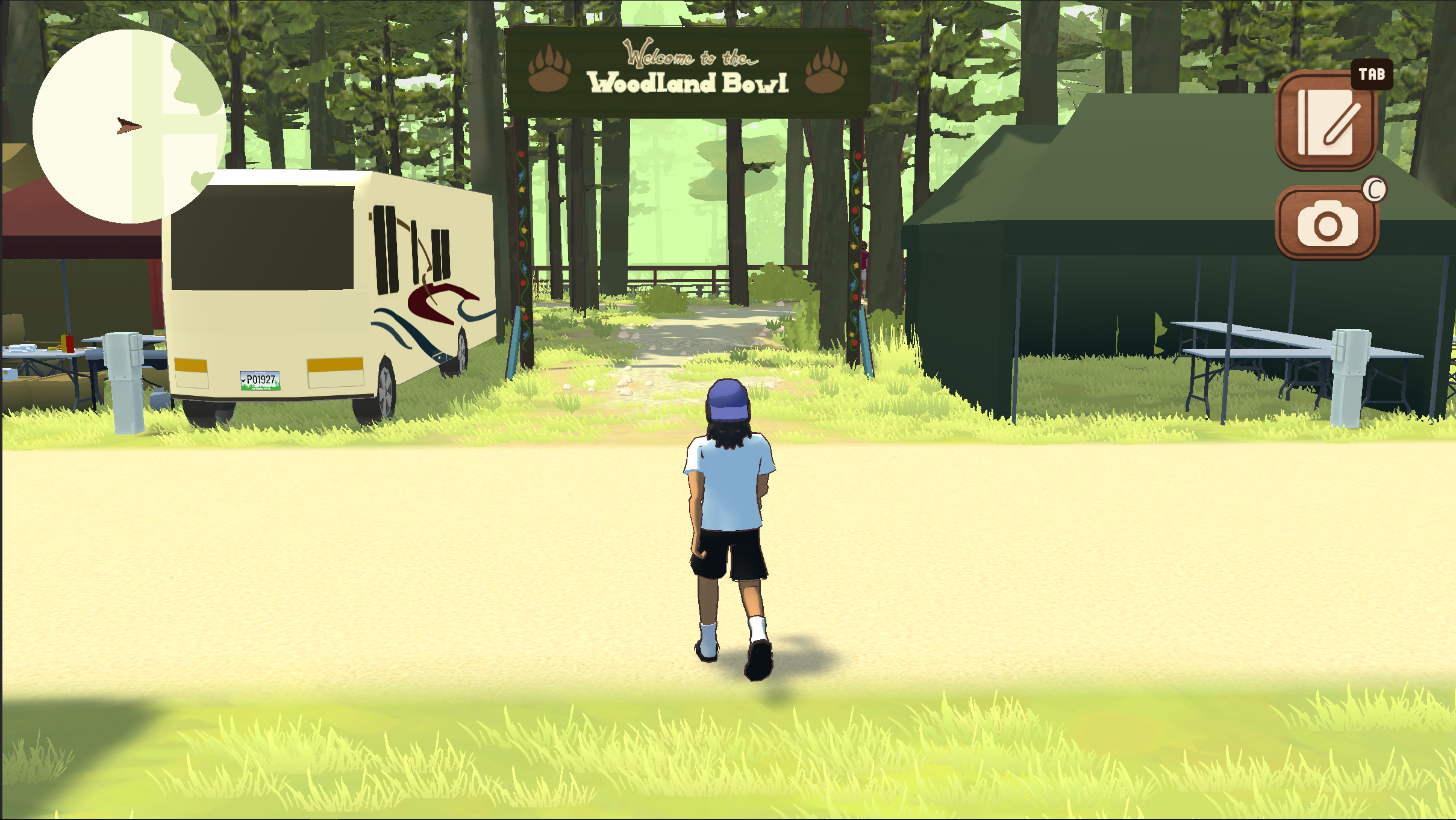 An illustration of the main character of the 3D narrative-driven video game Powwow Bound: A Menominee Homecoming, DJ, walking on a road near a campground, featuring tents and trees in a serene outdoor setting at the Menominee National Annual Contest Powwow in Keshena, Wisconsin.