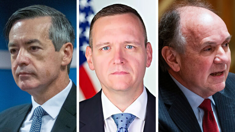 Three side-by-side photos show Kenneth Chesebro, Mike Roman and Jim Troupis listening, posing for a portrait and speaking, respectively, in rooms with out-of-focus backgrounds.