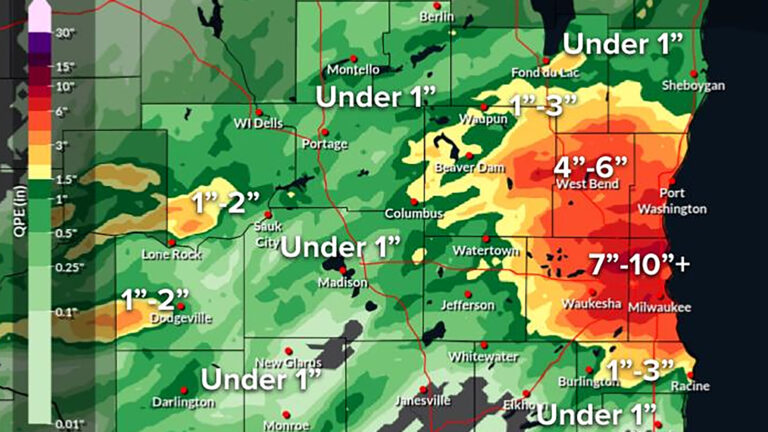A graphic map of southern Wisconsin with county lines, interstate highway routes and the location of different municipalities uses color coding of different shades of green, yellow, orange and red to show estimated rainfall across the region, with labels marking totals of Under 1, 1-2, 1-3, 4-6, and 7-10+.
