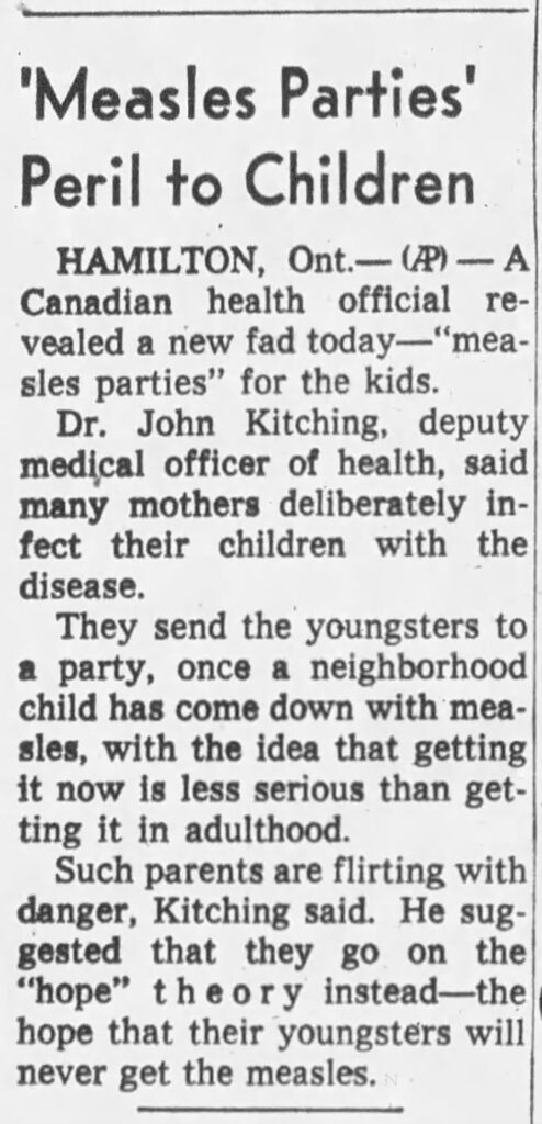 A screenshot of a portion of a newspaper page shows a headline reading "'Measles Parties' Peril to Children."