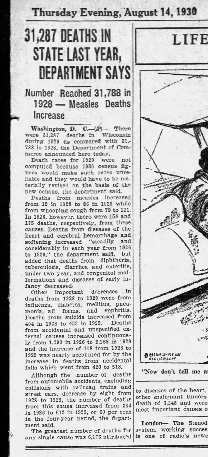 A screenshot of a portion of a newspaper page shows a dateline reading "Thursday Evening, August 14, 1930" and a column headline reading "31,287 Deaths in State Last Year, Department Says" with a sub-headline reading "Number reached 31,788 in 1928 — Measles Deaths Increase."
