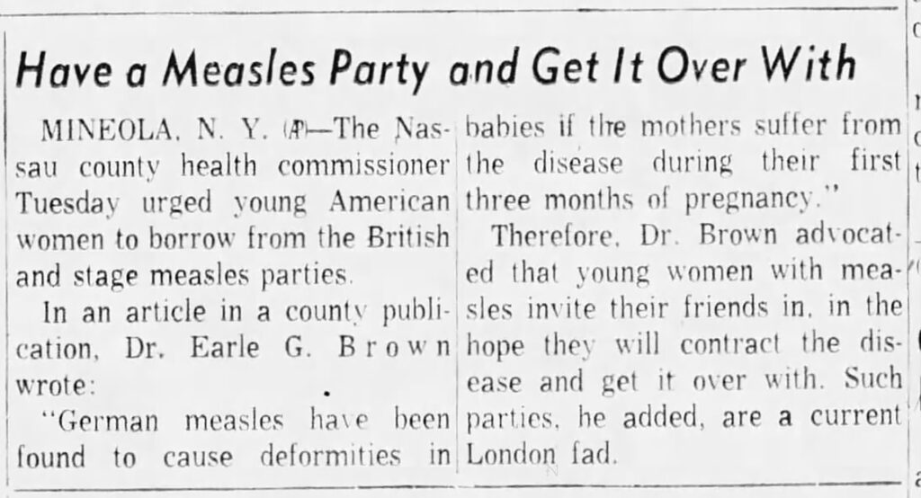 A screenshot of a portion of a newspaper page shows a headline reading "Have a Measles Party and Get It Over With."