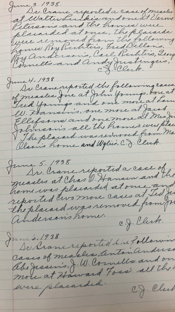 Four handwritten entries dated June 3, 1938, June 4, 1938, June 5, 1938 and June 6, 1938 fill a page of lined paper.
