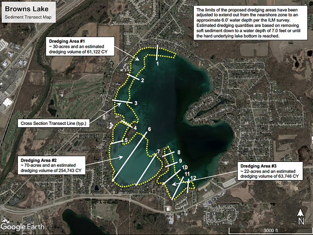 An aerial Google Earth image with the title "Browns Lake Sediment Transect Map" shows a lake surrounded by roads and building developments, with a series of dotted lines and numbered markers showing three dredging areas, with labels marking the acreage and dredging volume of each along with another label describing the limits of the dredging areas.