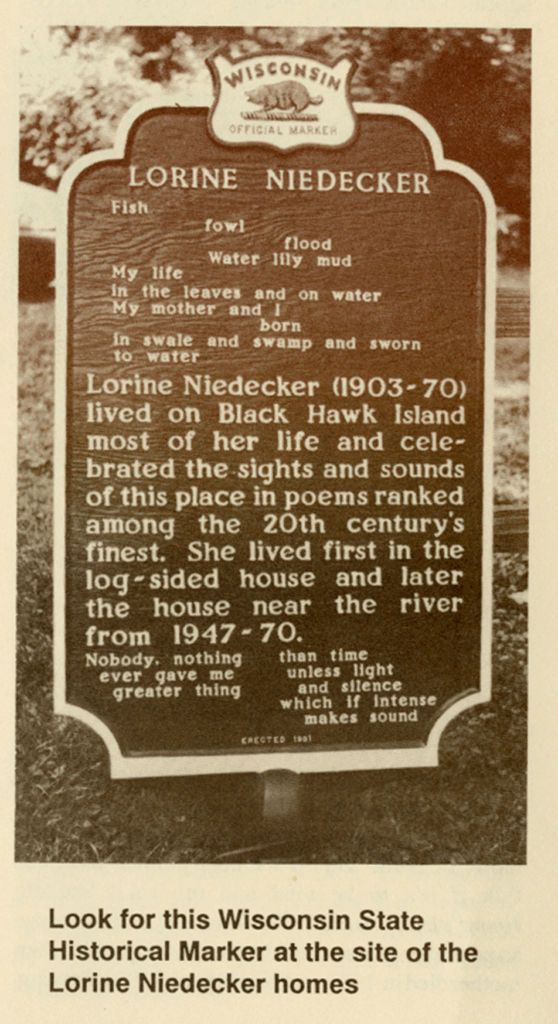 Wisconsin State Historical Marker honoring poet Lorine Niedecker, featuring excerpts of her poetry and biographical text about her life on Black Hawk Island.