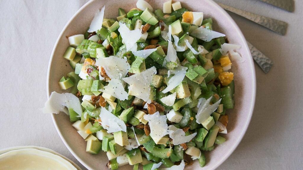 A stunning overhead view of a celery and apple salad.