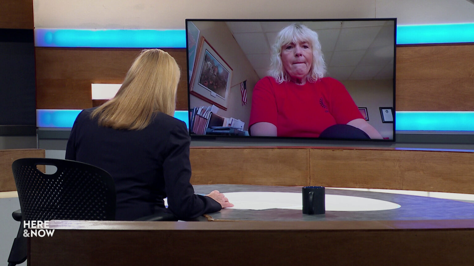 Frederica Freyberg sits at a desk on the Here & Now set and faces a video monitor showing an image of Judy McRoberts. Frederica Freyberg sits at a desk on the Here & Now set and faces a video monitor showing an image of Judy McRoberts.