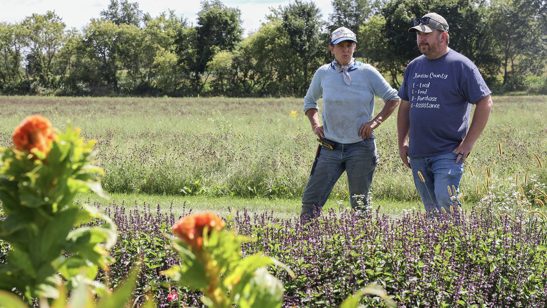 Laura Mortimore and Dustin Ladd stand in front of a field of wildflowers, with a meadow filled with wildflowers and a line of trees at the base of a hill in the background.