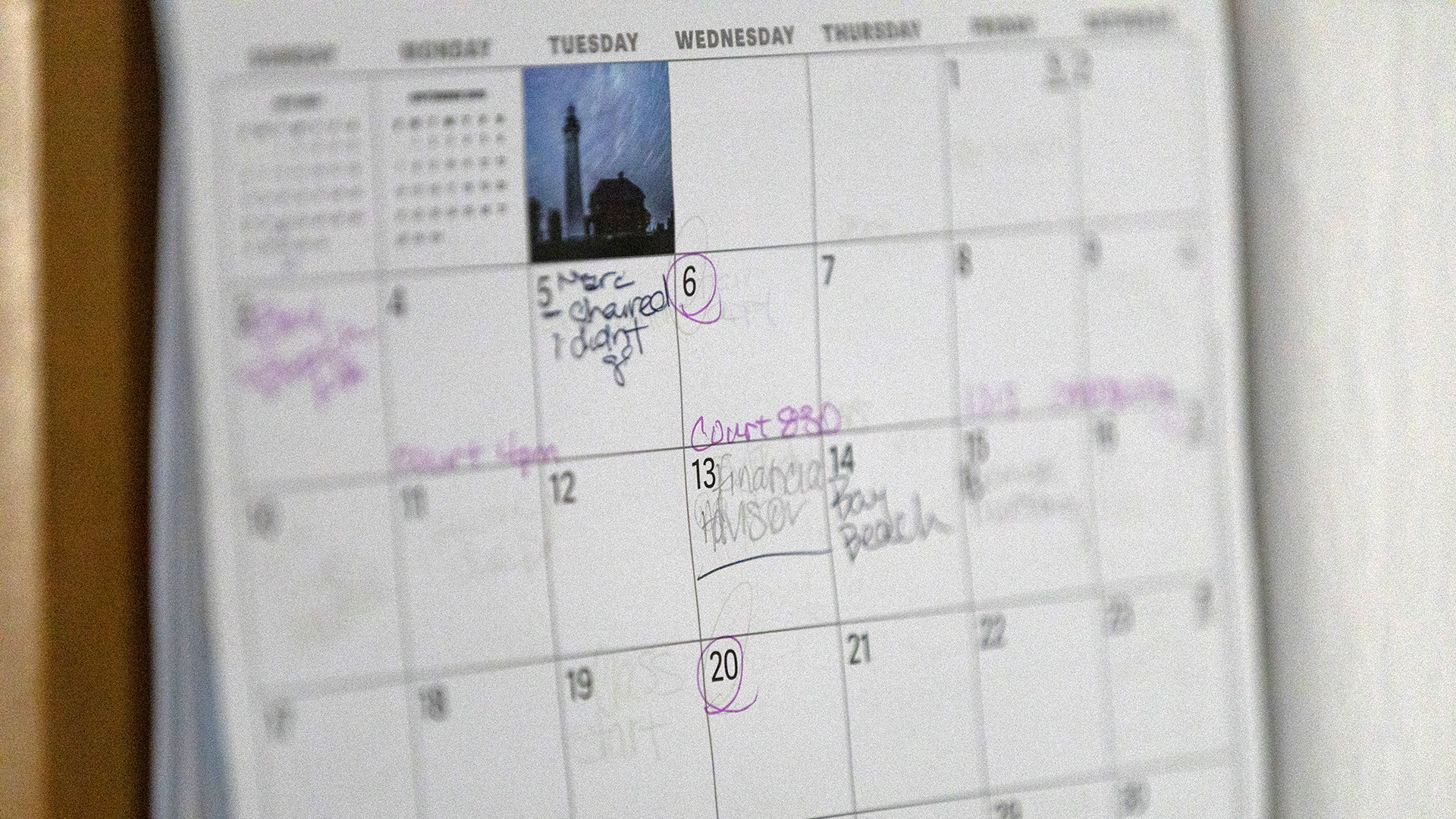 A calendar show various notes on different days and multiple dates circled.