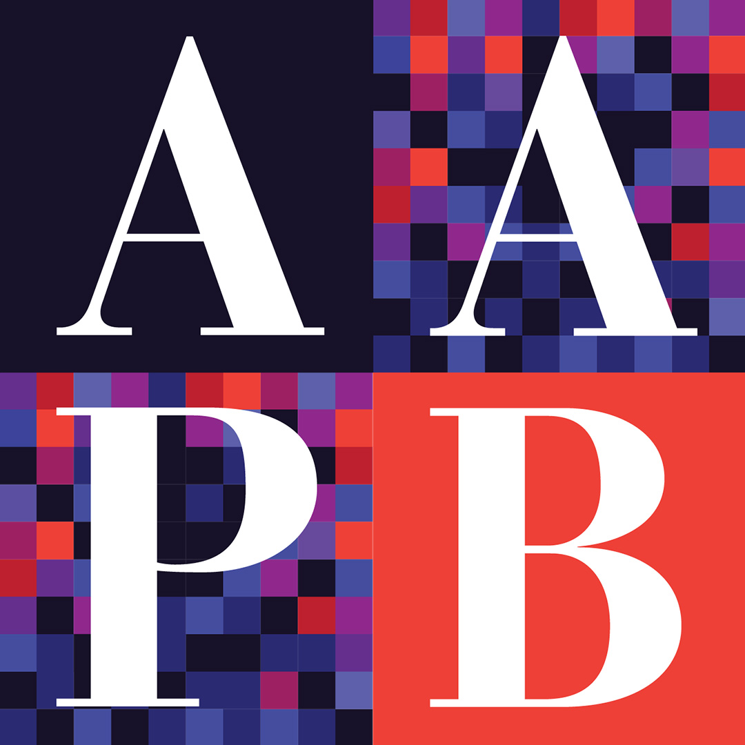 Logo for the American Archive of Public Broadcasting (AAPB) featuring the large white letters “A,” “A,” “P,” and “B” in a four-square grid. The background alternates between dark navy, bright red, and mosaic patterns of red, purple, and blue squares.