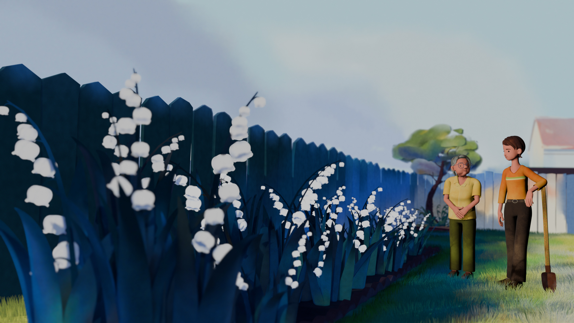 Illustration from Wisconsin Life animated segment "Lilies of the Valley" of two people in a garden, standing near blooming lily of the valley flowers by a blue fence. Sunlit scene conveys a peaceful, friendly atmosphere.