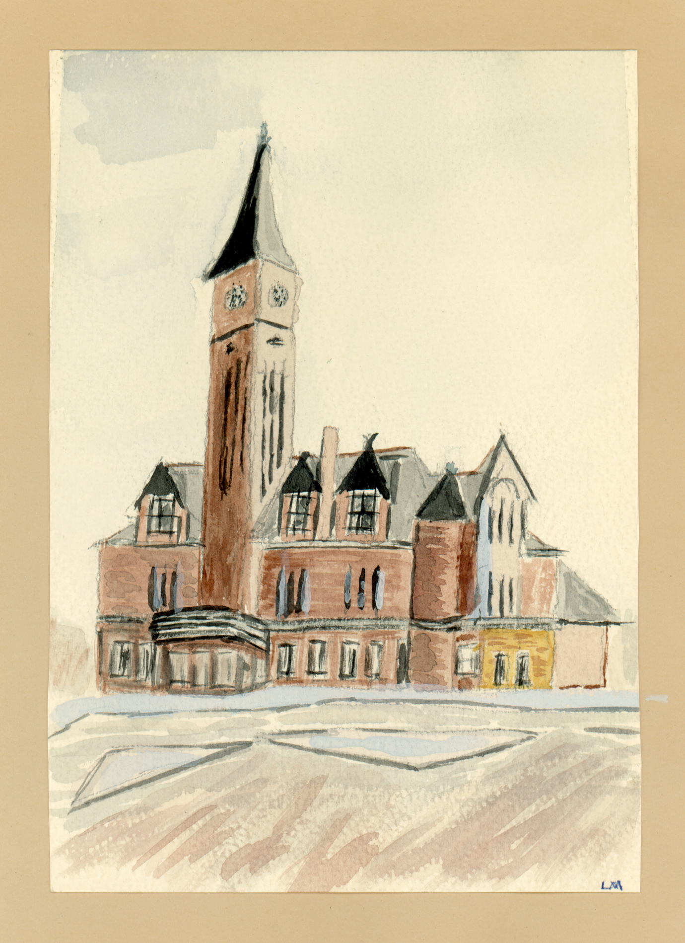 A watercolor of a three-story train depot with a tall steeple and clock. The building has black peaked roofs, rows of windows, and reddish-brown walls suggesting stone construction.