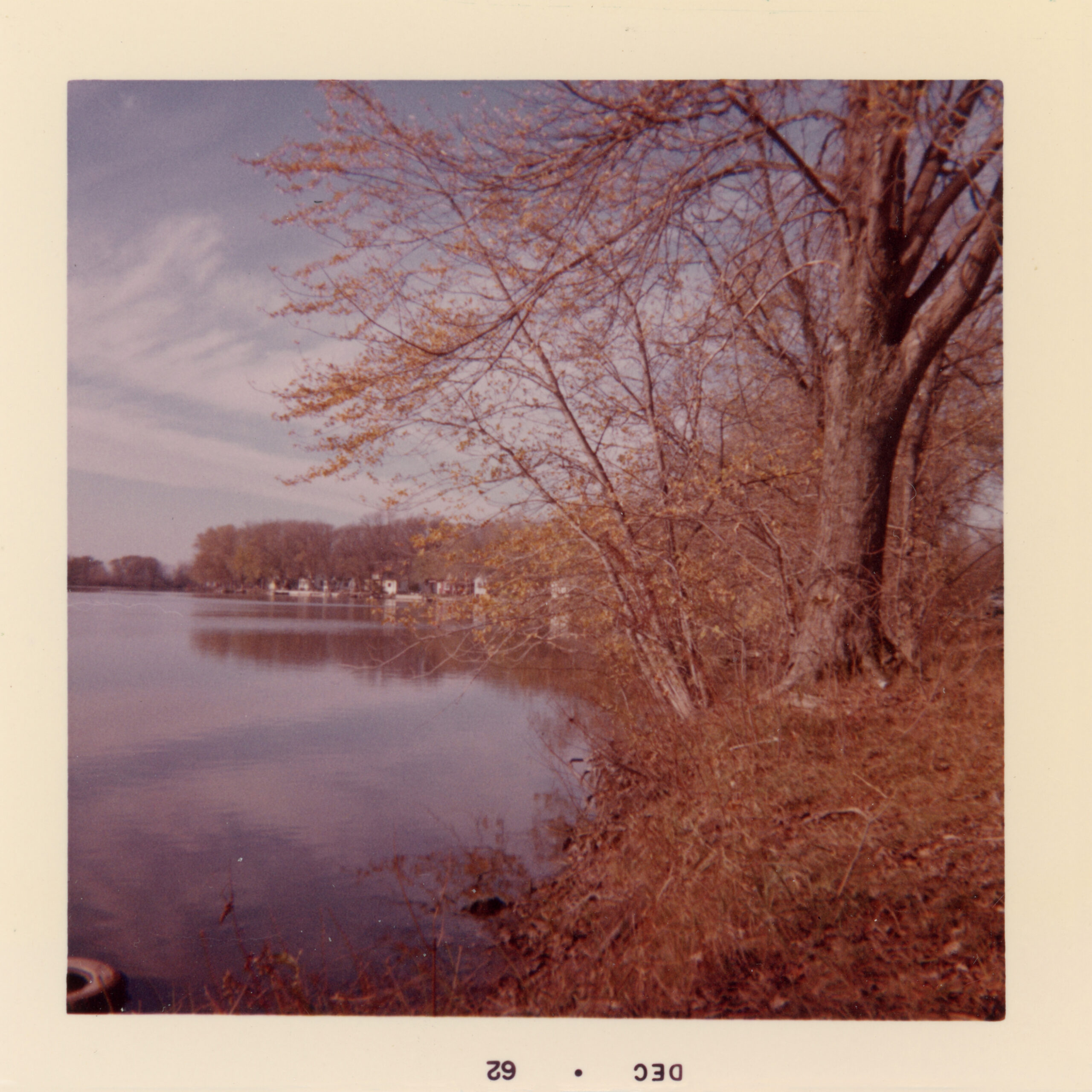 View of a calm river bordered by trees with sparse autumn leaves, seen from a grassy shoreline. Houses line the opposite bank under a pale blue sky.