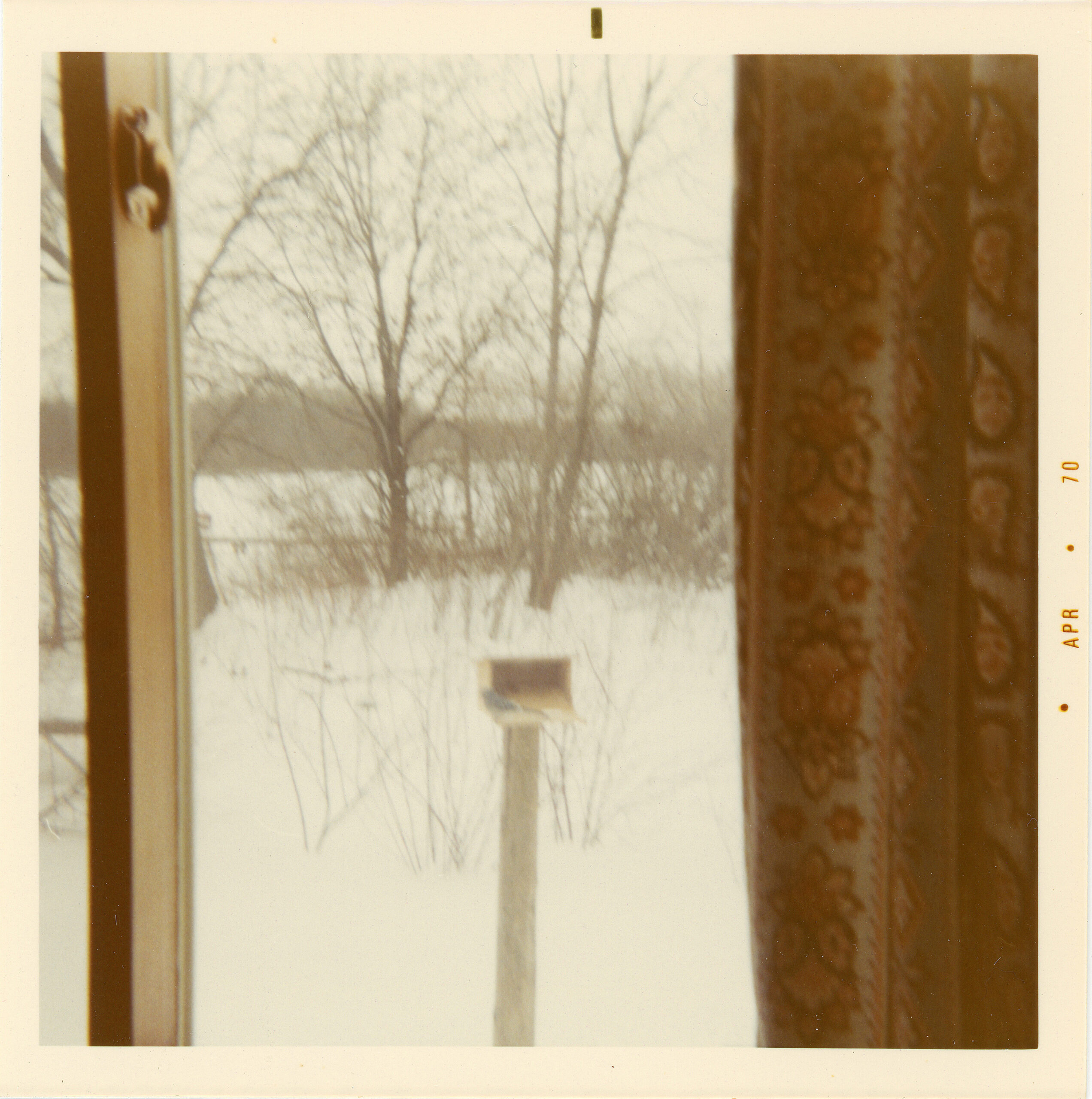 View through a window showing a snowy yard with leafless trees and a wooden bird feeder on a post. A patterned curtain hangs along the right edge of the frame. The photo is dated April 1970.