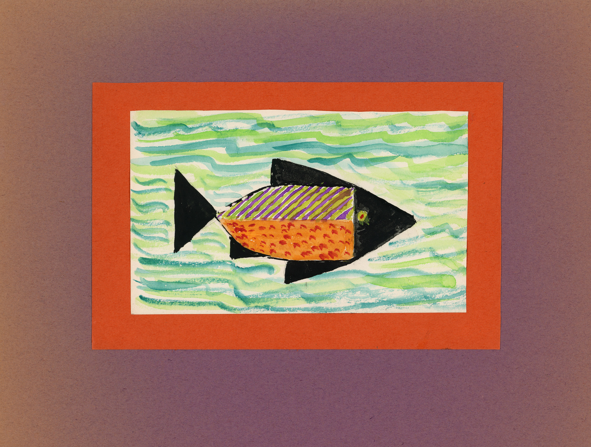 A watercolor of a fish painted in a naïve style. It has black fins and nose, orange-red textured gills, and a body striped in green and purple. The fish swims alone in green and blue water, rendered in wavy stripes.