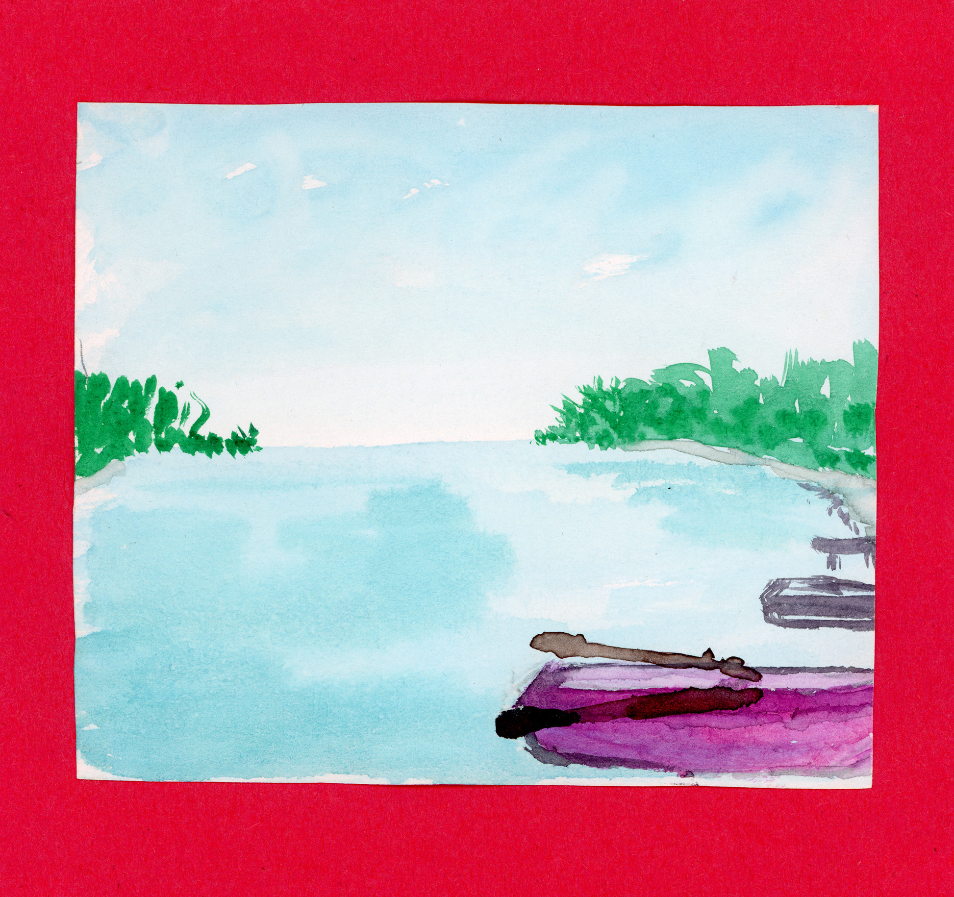 A watercolor view looking upstream on a blue river, with green grass along both banks and the horizon visible in the sky. In the lower right foreground, a fuchsia rowboat rests on the water, while piers extend into the distance along the right shore.