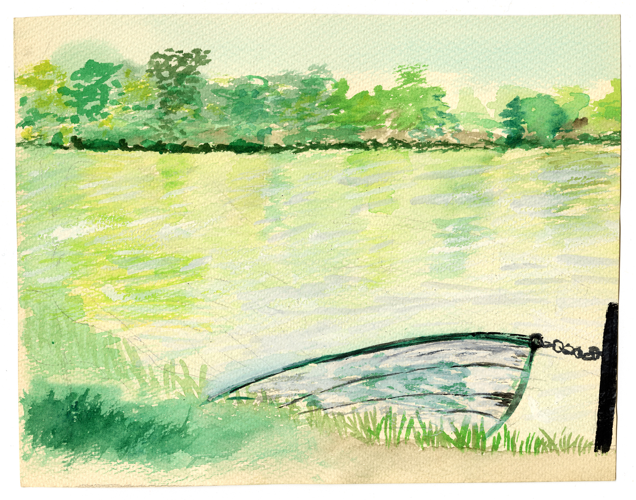 A watercolor shows a wooden fishing boat docked at a pier beside a grassy shoreline. Beyond it, calm water stretches toward a distant line of trees under open sky, painted in soft washes of green, yellow, and white.