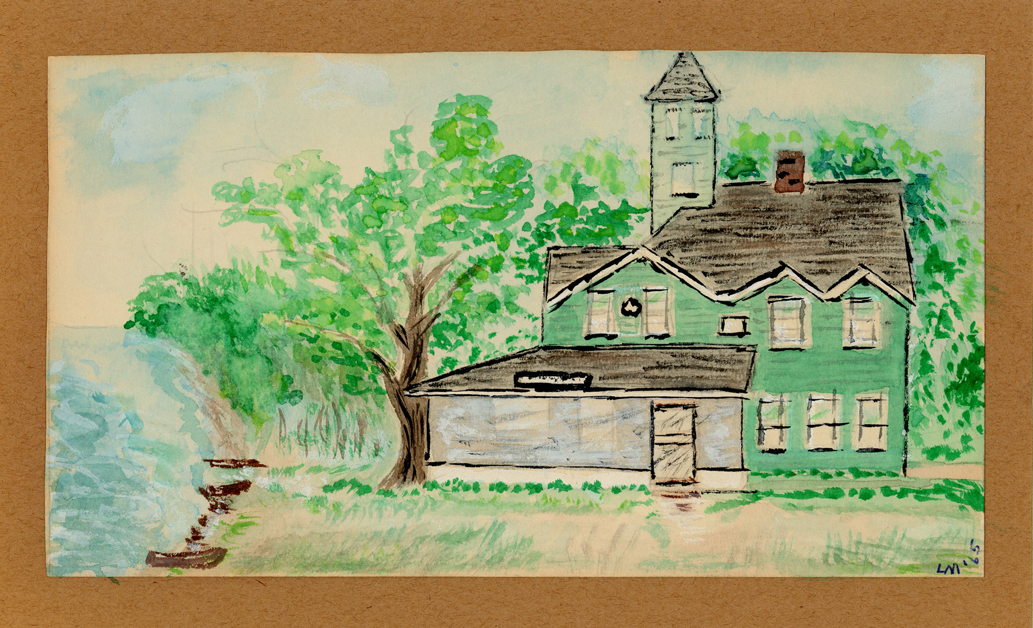 A watercolor of a two-story green wooden house with a screened porch and separate roof. The main roof rises to a towerlike peak beside a chimney. The house is surrounded by trees, with a walkway leading down to a river where small boats rest along the bank.