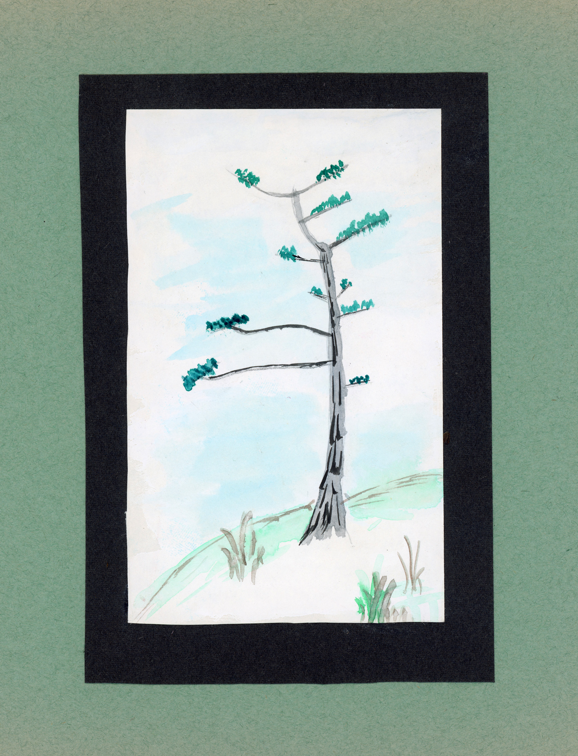 A watercolor of a solitary tree with bare gray-and-black branches standing on a grassy mound against the sky. Small touches of green appear on the branches, suggesting either new buds or lingering fall foliage.