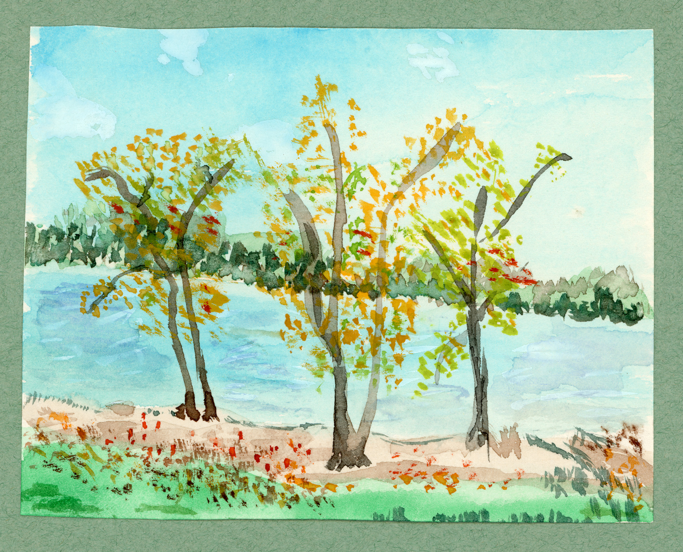 A watercolor of three autumn trees with gray branches and colorful leaves along a riverbank. The blue river flows past green grass and fallen leaves, with the opposite shore and sky visible in the distance.