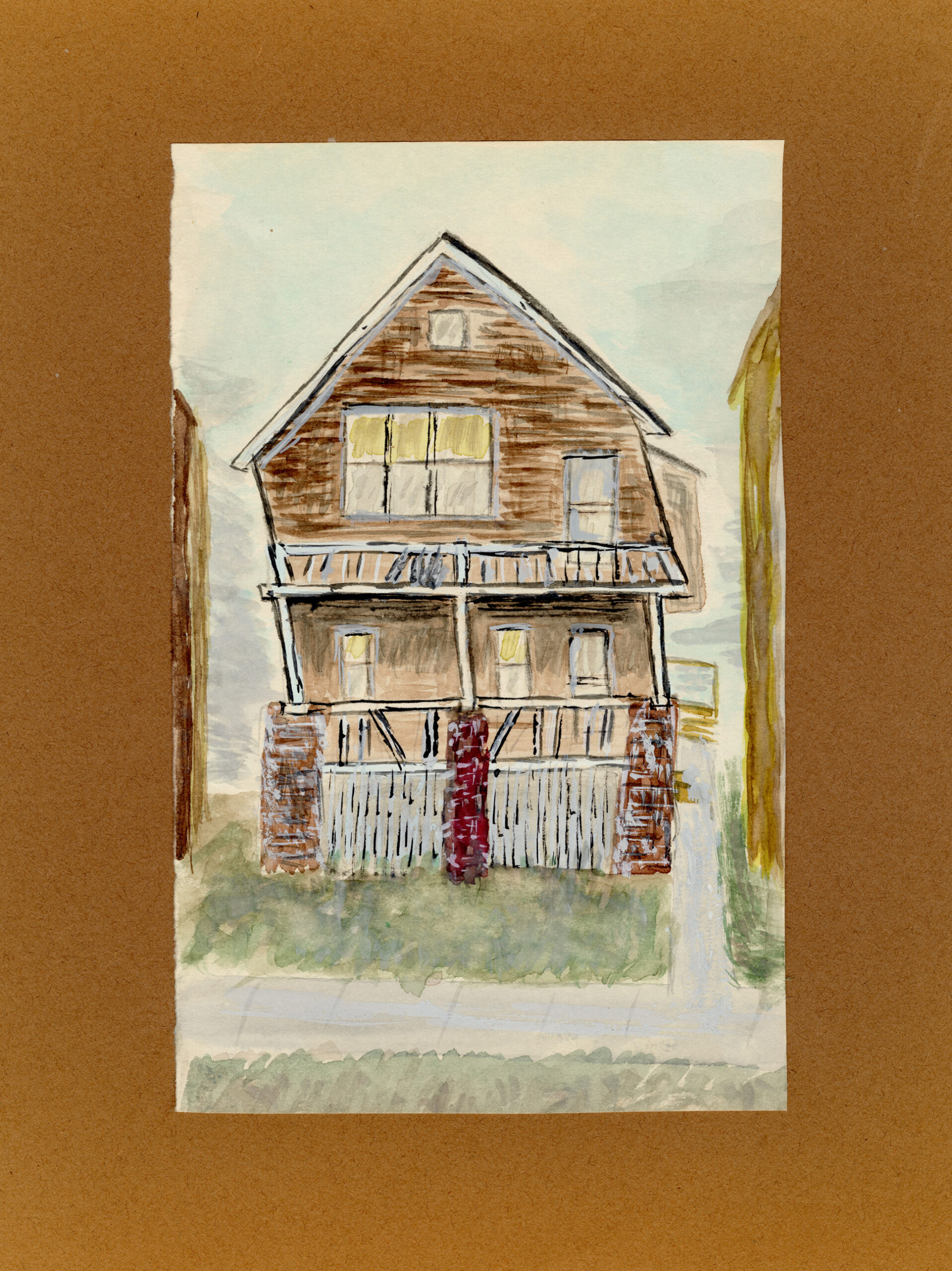 A watercolor of a two-story house with double porches set back from the sidewalk on a town lot. A small patch of front yard borders the walk, with partial views of neighboring houses on either side.