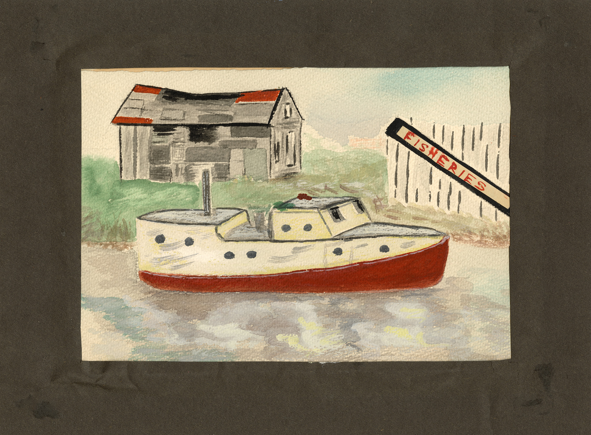 A watercolor shows a white fishing boat with a red hull floating on a river. On the far shore sits a small gray-and-red cottage. A white fence with a wooden sign painted “fisheries” in red stands nearby, with the horizon faintly visible behind.