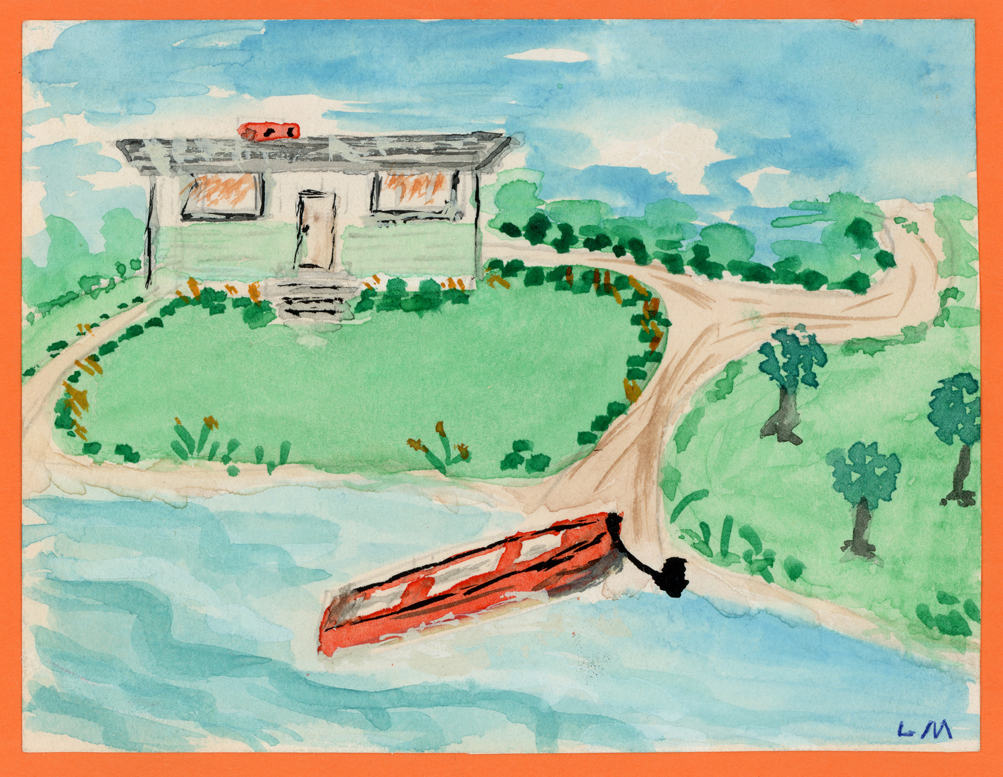 A watercolor shows a one-story house viewed from the water, painted green on the lower half and white above, with a flat roof and red chimney. Two windows and a door face the river, bordered by green yard and a gravel drive. A red canoe is docked at the shore beneath blue sky and water.