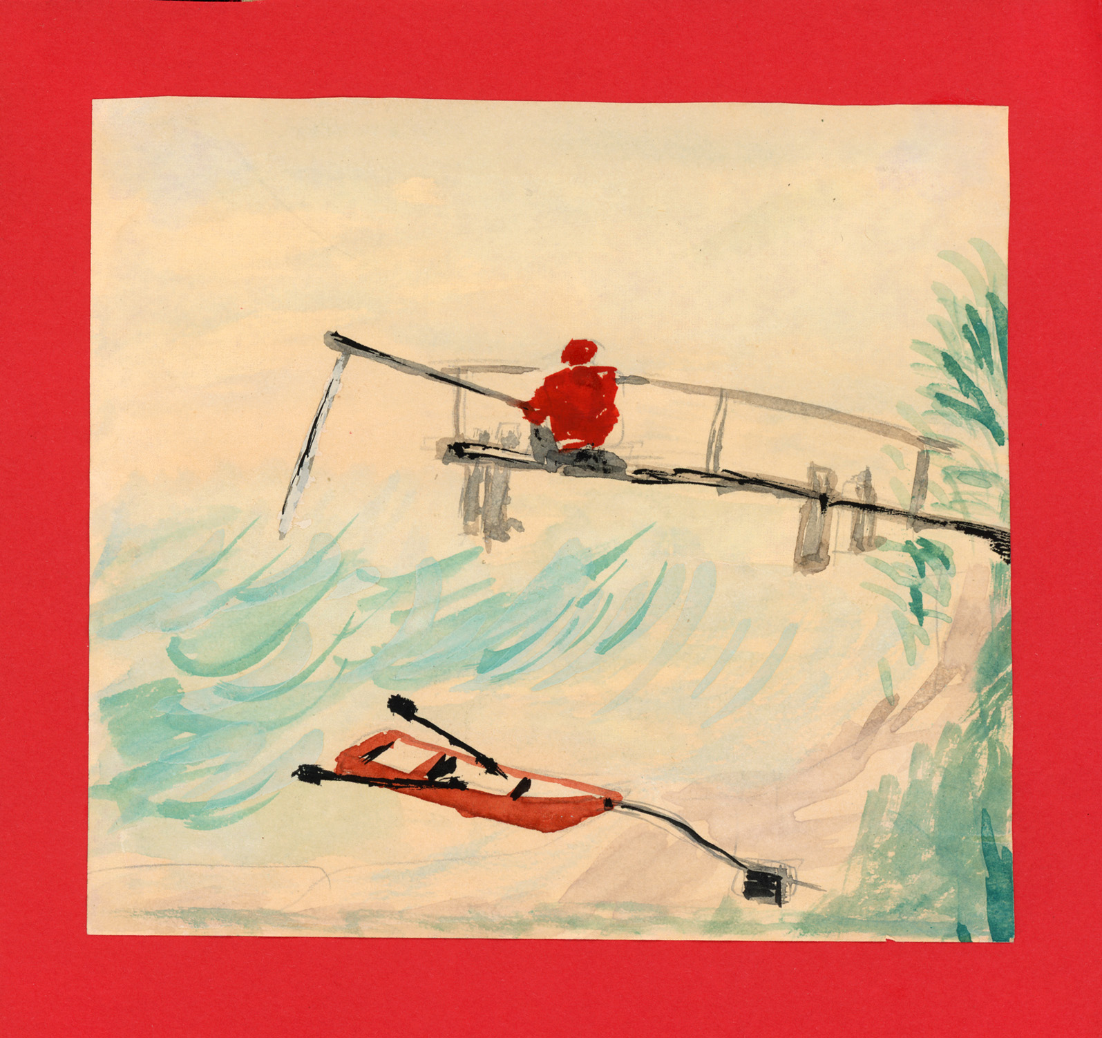 A watercolor shows a person in a red jacket fishing from a gray pier over open water. In the foreground, a small red rowboat is docked along a grassy shore. The scene is painted in washes of red, green, and blue.