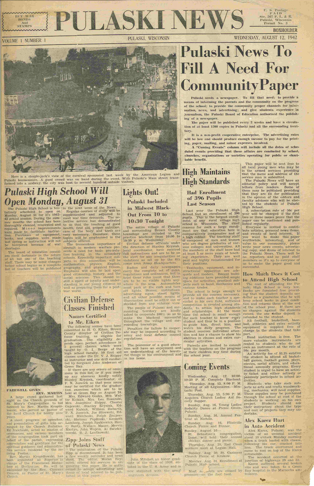 An aging newspaper with the title "Pulaski News" shows a lead story with the headline "Pulaski News To Fill A Need For Community Paper" next to a photo of a carousel above five columns featuring multiple stories.