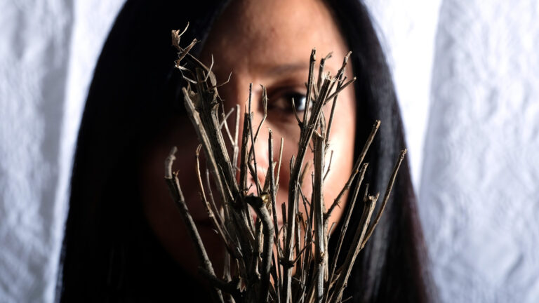 A photo illustration shows a bundle of twigs in front of the out-of-focus face of a woman looking at the camera.