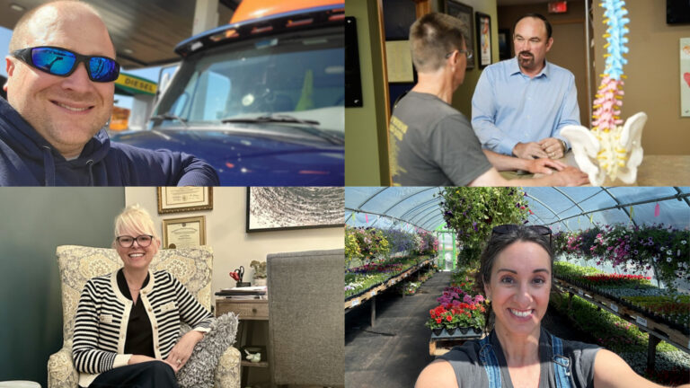 A four-panel photo collage shows portraits of Shae Sortwell posing in front of a truck, Clint Moses speaking to another person while standing next to a table with a model of a pelvis and spine on its surface, Lee Snodgrass posing while standing in front of rows of plants inside a curved-roof greenhouse, and Sarah Keyeski posing while seated in an arm chair in an office with another chair and desk in the background.
