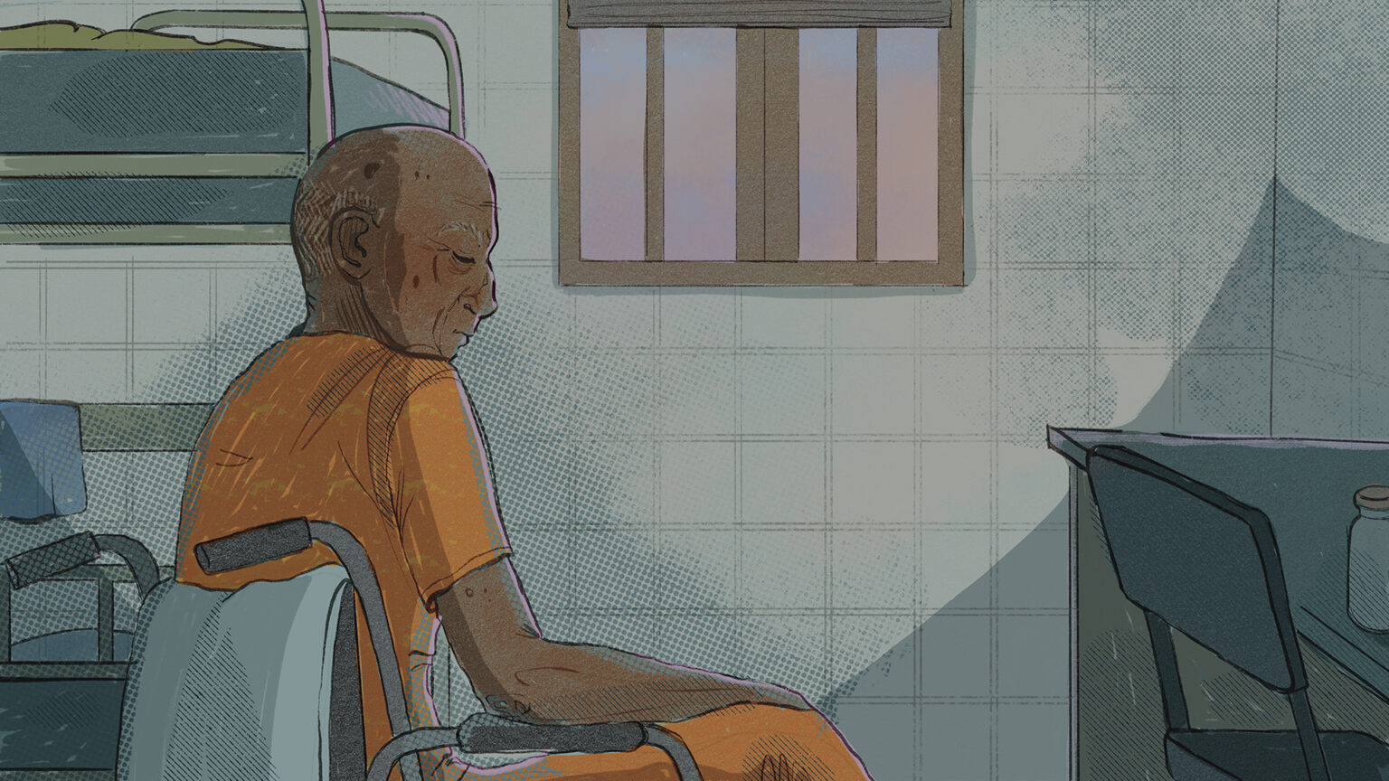 An line, shading and stipple illustration shows an elderly man sitting in wheelchair inside a prison cell with a bunk bed, desk with chair and barred window in the background. An line, shading and stipple illustration shows an elderly man sitting in wheelchair inside a prison cell with a bunk bed, desk with chair and barred window in the background.
