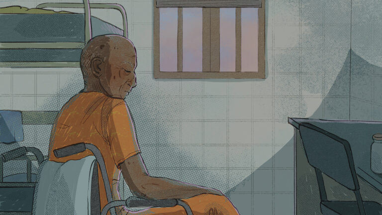 An line, shading and stipple illustration shows an elderly man sitting in wheelchair inside a prison cell with a bunk bed, desk with chair and barred window in the background.