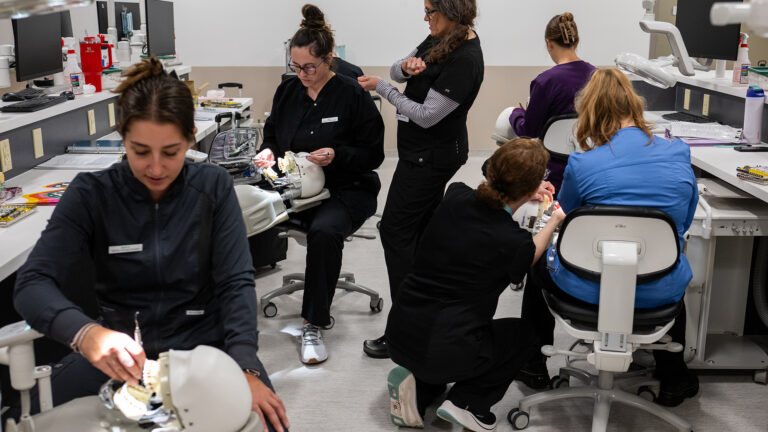Multiple students sit in rolling chairs and use tools to practice dental work on the teeth of mannequins with open moths, in a room with multiple rows of desks with computer monitors, water bottles and other items sitting on their surfaces.