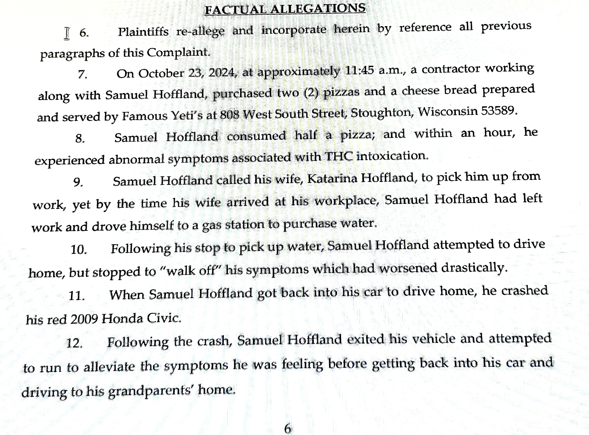 A scan of a printed page with the page number 6 at the bottom starts with the underlined words "FACTUAL ALLEGATIONS" at the top, followed by a list of lines numbered 6 through 12.