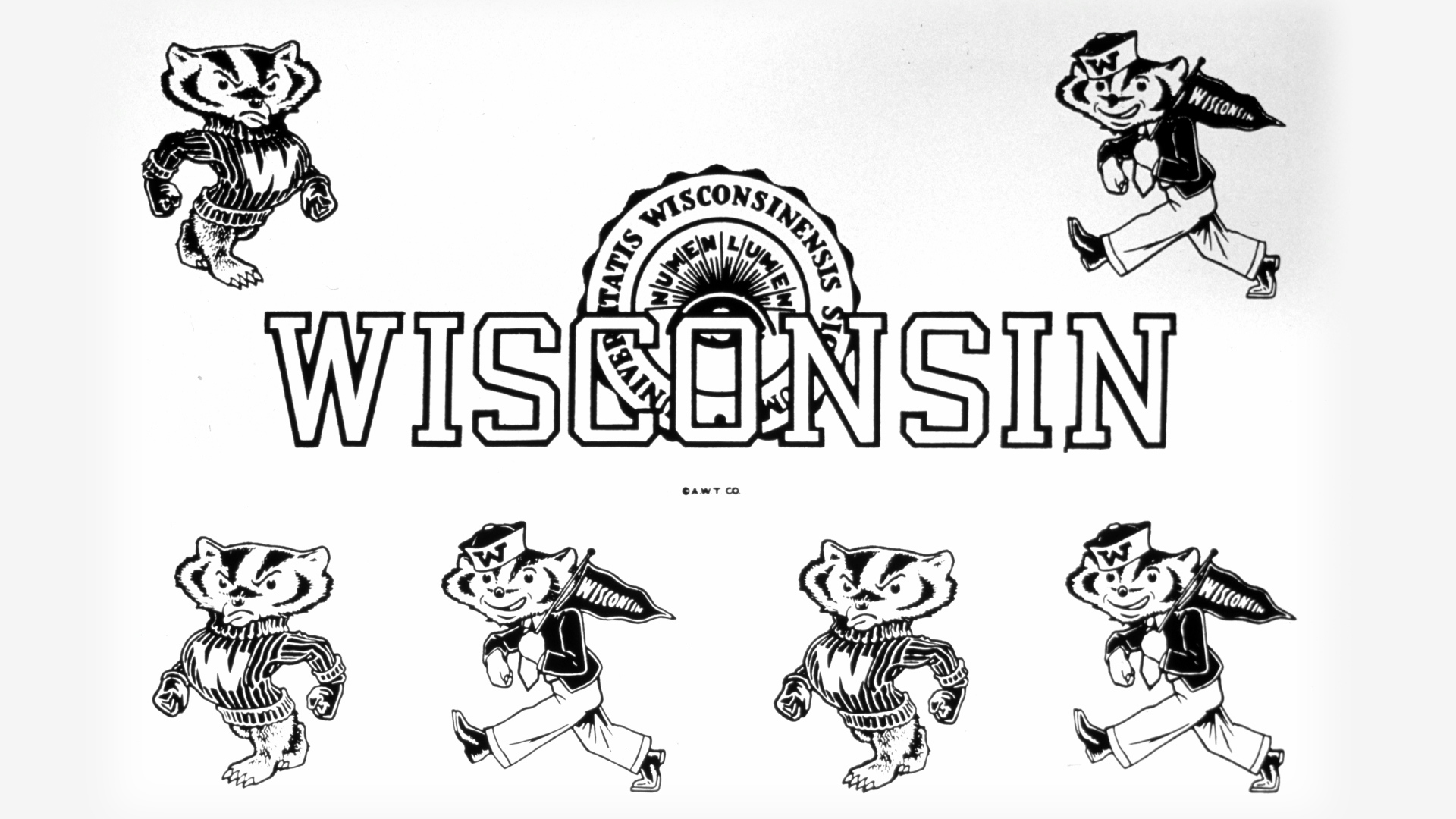 Retro illustration featuring the word "Wisconsin" in bold letters, surrounded by multiple sketches of a badger mascot, wearing a sweater with a "W."