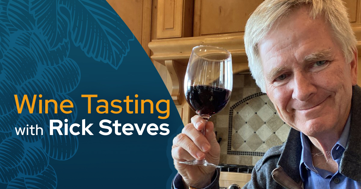 A promotional graphic split into two sections. On the left, a blue background features stylized grape-leaf illustrations and the text “Wine Tasting with Rick Steves.” On the right, a smiling older man with light hair holds up a glass of red wine in a warmly lit kitchen.