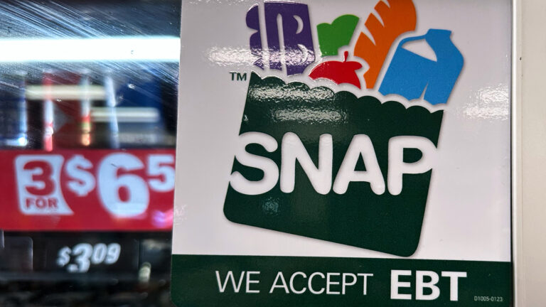 A sign with a stylized logo of a grocery bag filled with an egg carton, apple, loaf of bread and milk carton along with the words SNAP and We Accept EBT is placed in the glass window of a cooler, with out-of-focus price tags and canned beverages inside.