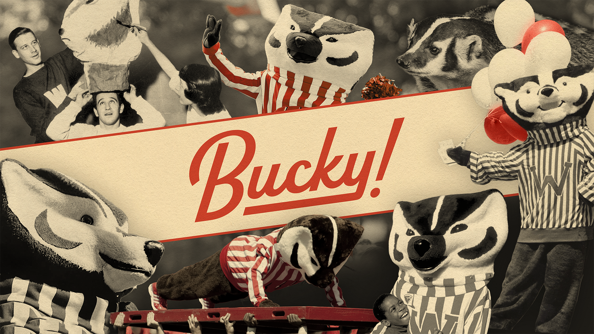 Collage of Bucky Badger mascot variations through the years with the word “Bucky!” in red script across the center.