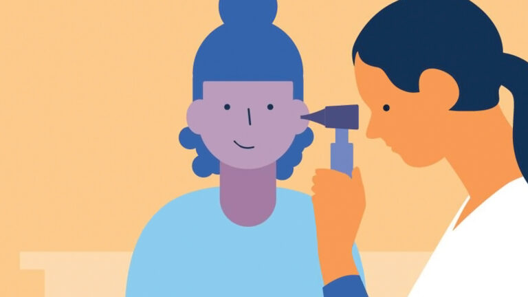 An illustration shows a physician using an otoscope to examine the ear of a patient. An illustration shows a physician using an otoscope to examine the ear of a patient.